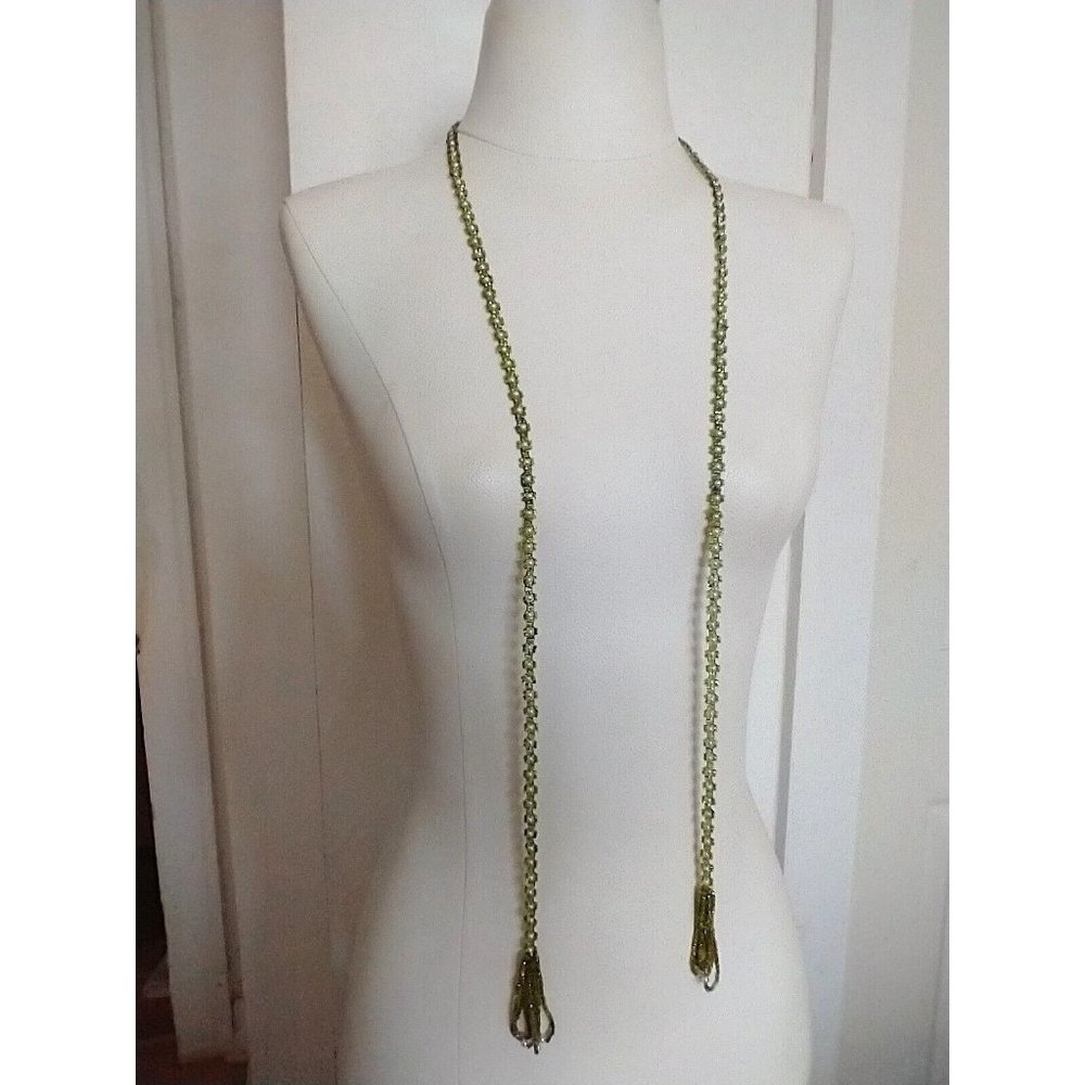 Vintage Flapper tassel lime green & White tone Beaded Necklace 51" long N2